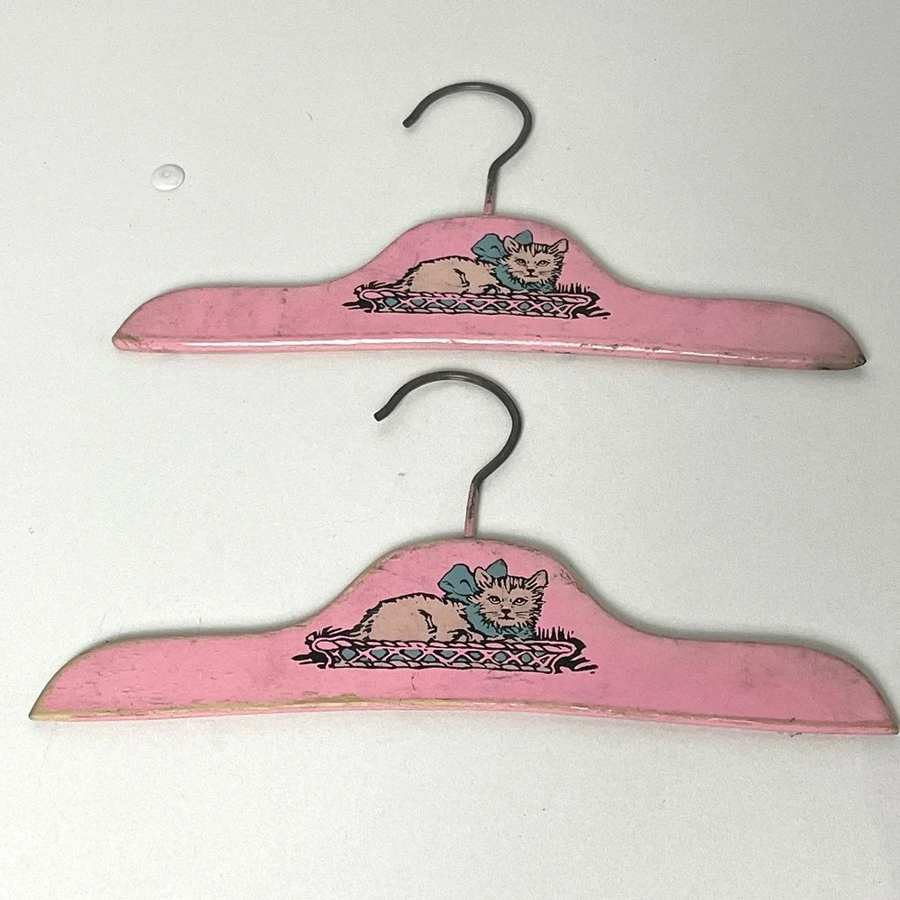 4 Vintage Wooden Child's Hangers Blue Scottie Dog & Pink Cat 1930s